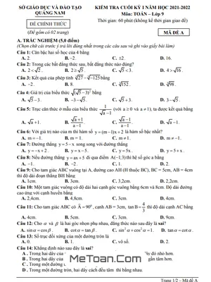 Đề kiểm tra cuối kỳ 1 Toán 9 năm 2021 - 2022 Sở GD&ĐT Quảng Nam