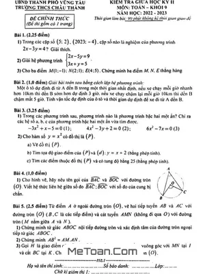 Đề Thi Giữa Kỳ 2 Toán 9 Năm 2022-2023 Trường THCS Châu Thành - BRVT