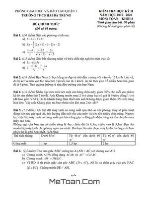 Đề thi HK2 Toán 8 năm 2019 - 2020 trường THCS Hai Bà Trưng - TP HCM