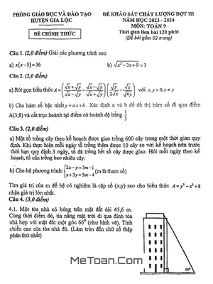 Đề khảo sát Toán 9 đợt 3 năm 2023 - 2024 phòng GD&ĐT Gia Lộc - Hải Dương