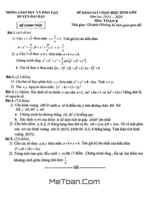 Đề khảo sát HSG Toán 8 năm 2023 - 2024 phòng GD&ĐT Hải Hậu - Nam Định