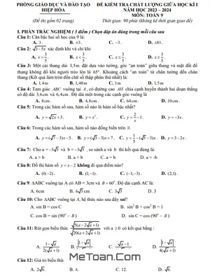Đề thi giữa kì 1 Toán 9 năm 2023 - 2024 phòng GD&ĐT Hiệp Hòa - Bắc Giang