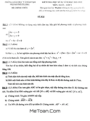 Đề thi học kì 2 Toán 9 năm 2021 - 2022 phòng GD&ĐT Pleiku - Gia Lai