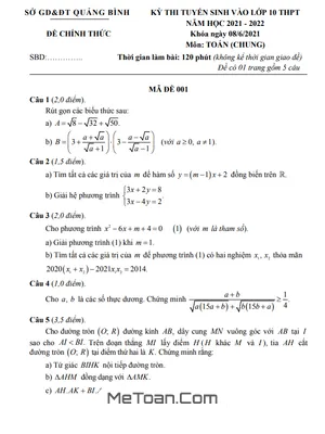 Đề thi và đáp án môn Toán tuyển sinh lớp 10 năm 2021 - 2022 Sở GD&ĐT Quảng Bình