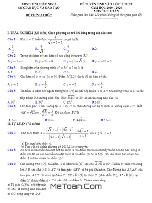 Đề Toán Tuyển Sinh Lớp 10 Năm 2019 - 2020 Sở GD&ĐT Bắc Ninh