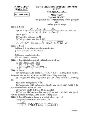 Đề thi học sinh giỏi Toán 9 cấp huyện năm 2023 - 2024 phòng GD&ĐT Ba Vì - Hà Nội
