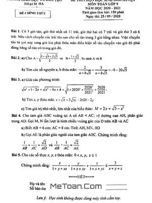 Đề thi HSG Toán 9 cấp huyện năm 2020 - 2021 phòng GD&ĐT Thạch Hà - Hà Tĩnh