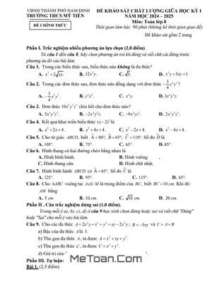 Đề Thi Giữa Học Kỳ 1 Toán 8 Năm 2024 - 2025 Trường THCS Mỹ Tiến - Nam Định