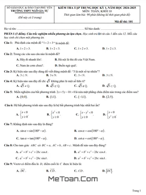 Đề Thi Cuối Kỳ 1 Toán 10 Năm 2024 - 2025 Trường THPT Ngô Gia Tự - Phú Yên