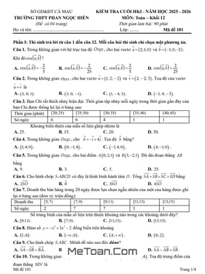Đề Thi Cuối Học Kỳ 1 Toán 12 Năm 2025 – 2026 Trường THPT Phan Ngọc Hiển – Cà Mau