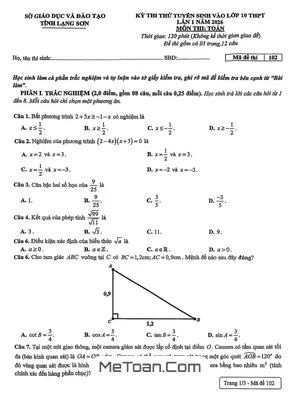Đề thi thử tuyển sinh lớp 10 môn Toán lần 1 năm 2026 Sở GD&ĐT Lạng Sơn