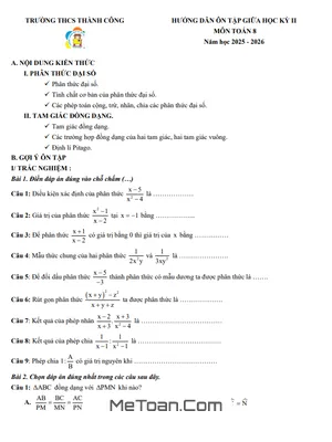 Đề Cương Ôn Tập Giữa Kỳ 2 Môn Toán 8 Năm Học 2025 – 2026 Trường THCS Thành Công – Hà Nội