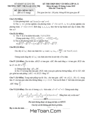 Đề thi chọn HSG Toán 11 năm 2018 - 2019 trường THPT Thị xã Quảng Trị