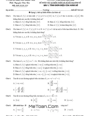 Bài Tập Trắc Nghiệm Ứng Dụng Đạo Hàm Để Khảo Sát Sự Biến Thiên Và Vẽ Đồ Thị Hàm Số - Nguyễn Văn Rin