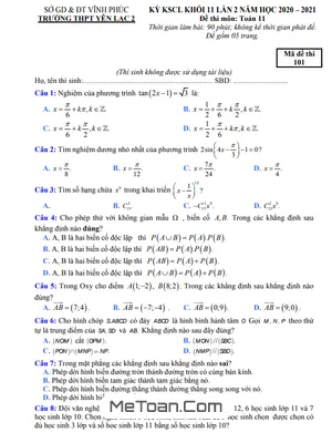 Đề KSCL Toán 11 Lần 2 Năm 2020 - 2021 Trường THPT Yên Lạc 2 - Vĩnh Phúc
