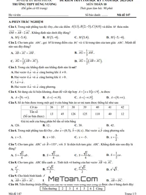 Đề thi học kì 1 Toán 10 năm 2023 - 2024 trường THPT Hùng Vương - Bình Phước (có đáp án)