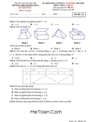 Đề thi cuối kỳ 1 Toán 12 năm 2021 - 2022 trường THPT Hướng Hóa - Quảng Trị