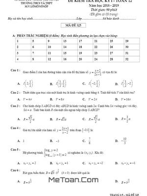 Đề thi học kỳ 1 Toán 12 năm 2018 - 2019 trường M.V Lômônôxốp - Hà Nội - Đề 325