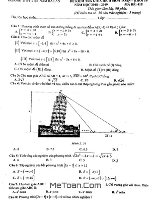 Đề thi giữa HK2 Toán 10 năm 2018 - 2019 trường Việt Nam - Ba Lan - Hà Nội [Mã đề 418]