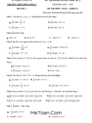 Đề thi giữa học kỳ 2 Toán 12 năm 2023 – 2024 trường THPT Đô Lương 3 – Nghệ An