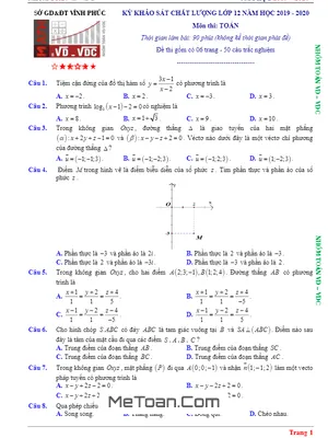 Đề khảo sát chất lượng Toán 12 năm 2019 - 2020 Sở GD&ĐT Vĩnh Phúc