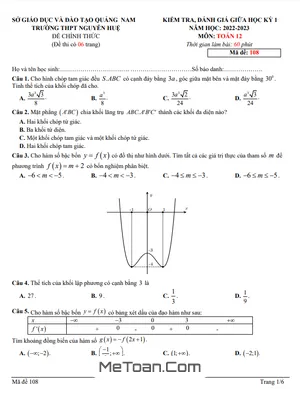 Đề Thi Giữa Kỳ 1 Toán 12 Năm 2022 - 2023 Trường THPT Nguyễn Huệ - Quảng Nam