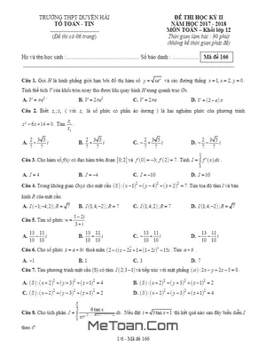 Đề thi học kỳ II Toán 12 năm 2017 - 2018 trường THPT Duyên Hải - Trà Vinh