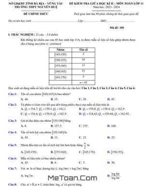 Đề giữa kì 2 Toán 11 năm 2023 - 2024 trường THPT Nguyễn Huệ - BR VT