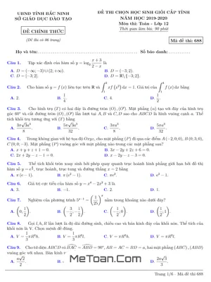 Đề thi chọn HSG tỉnh Toán 12 năm học 2019 - 2020 sở GD&ĐT Bắc Ninh