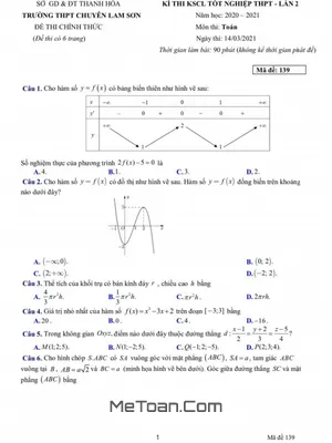 Đề KSCL Toán Lần 2 Năm 2021 Trường Chuyên Lam Sơn - Thanh Hóa (Mã Đề 139)