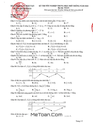 Đề Tham Khảo Kỳ Thi Tốt Nghiệp THPT Năm 2020 Môn Toán