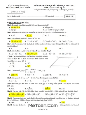 Đề thi giữa kì 1 Toán 10 năm 2020 - 2021 trường THPT Thái Phiên - Quảng Nam
