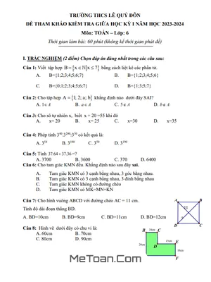 Đề tham khảo giữa kỳ 1 Toán lớp 6 năm 2023 - 2024 trường THCS Lê Quý Đôn - TP HCM