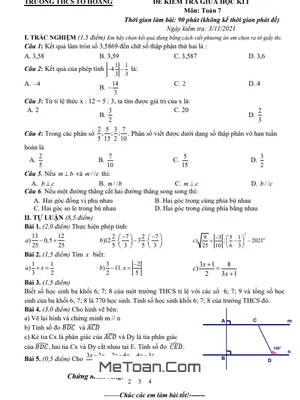 Đề thi giữa kì 1 Toán 7 năm 2021 - 2022 trường THCS Tô Hoàng - Hà Nội có đáp án