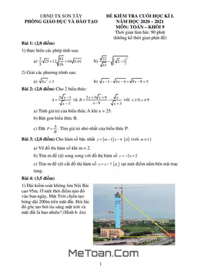 Đề thi học kì 1 Toán 9 năm 2020 - 2021 phòng GD&ĐT Sơn Tây - Hà Nội