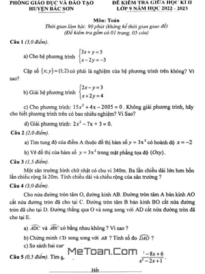 Đề Thi Giữa Kì 2 Toán 9 Năm 2022-2023 Phòng GD&ĐT Bắc Sơn - Lạng Sơn
