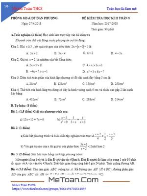 Đề thi học kì 2 Toán 8 năm 2017 - 2018 phòng GD&ĐT Đan Phượng - Hà Nội (có lời giải)