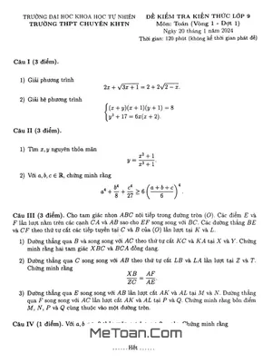 Đề thi Toán lớp 9 vào 10 chuyên KHTN Hà Nội năm 2023 - 2024 (Vòng 1 - Đợt 1)