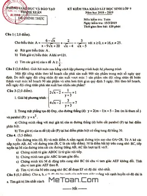 Đề thi khảo sát Toán 9 năm 2018 - 2019 phòng GD&ĐT Thanh Xuân - Hà Nội