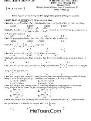 Đề thi học sinh giỏi Toán 8 năm 2022 - 2023 phòng GD&ĐT Yên Lập - Phú Thọ