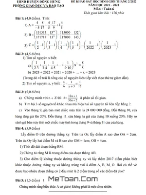 Đề thi học sinh giỏi Toán 6 năm 2021 - 2022 phòng GD&ĐT Đông Hưng - Thái Bình