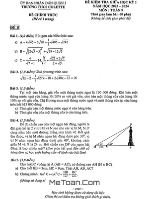 Đề giữa học kỳ 1 Toán 9 năm 2023 – 2024 trường THCS Colette – TP HCM