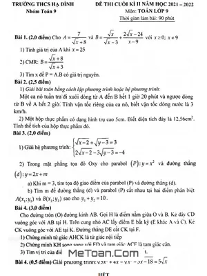 Đề thi cuối kì 2 Toán 9 năm 2021 - 2022 trường THCS Hạ Đình - Hà Nội