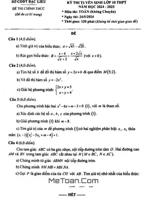 Đề Thi Tuyển Sinh Lớp 10 Môn Toán (Không Chuyên) Năm 2024 - 2025 Sở GD&ĐT Bạc Liêu