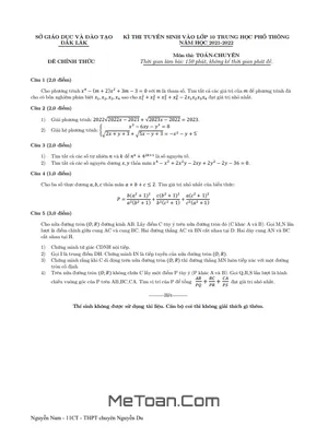 Đề thi tuyển sinh lớp 10 môn Toán (chuyên) năm 2021 - 2022 Sở GD&ĐT Đắk Lắk