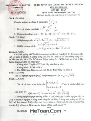 Đề thi và lời giải môn Toán vòng 2 vào lớp 10 chuyên Thái Bình năm 2019 - 2020