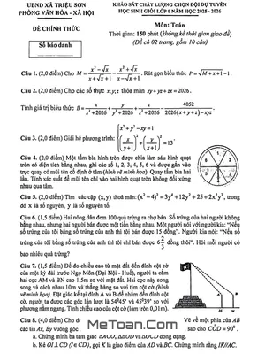 Đề thi chọn đội tuyển học sinh giỏi Toán 9 năm 2025 - 2026 xã Triệu Sơn, Thanh Hóa