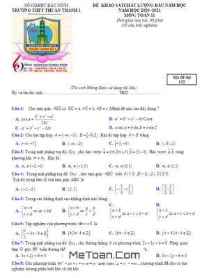 Đề KSCL Toán 11 đầu năm học 2020 – 2021 trường Thuận Thành 1 – Bắc Ninh