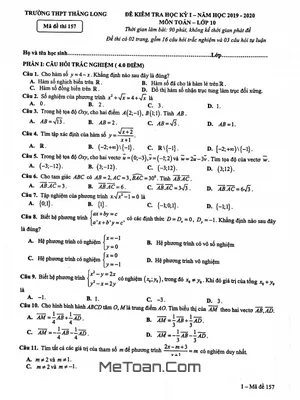 Đề thi học kì 1 Toán 10 năm 2019 - 2020 trường THPT Thăng Long - Hà Nội