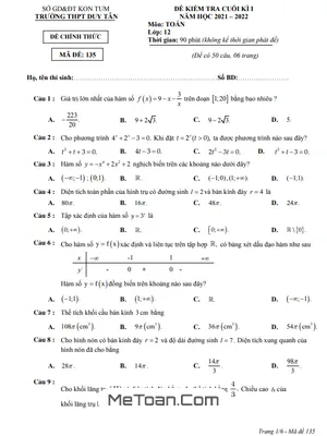 Đề kiểm tra cuối kì 1 Toán 12 năm 2021 - 2022 trường THPT Duy Tân - Kon Tum
